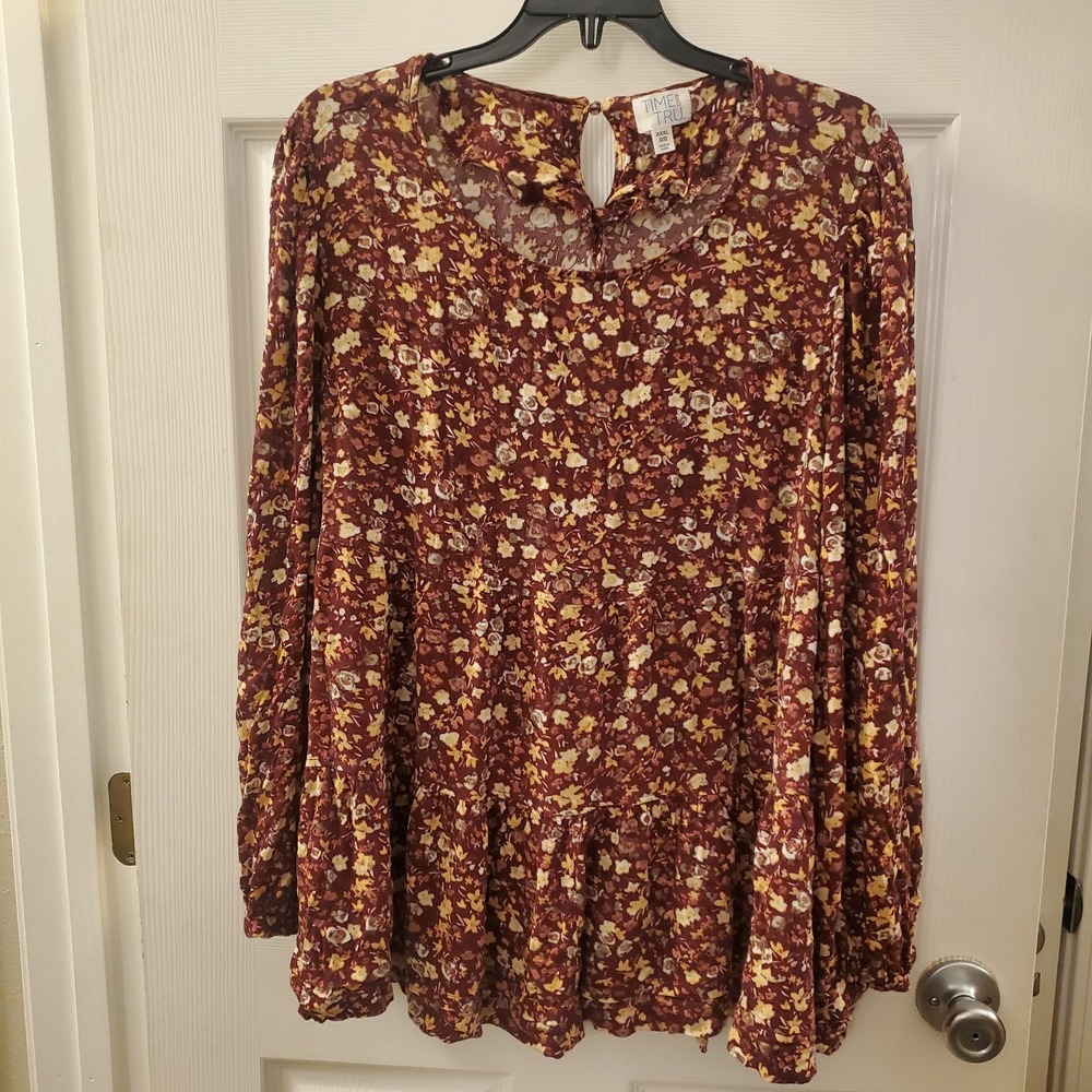 Time & Tru XXXL Shirt Floral Balloon Slv Tiered Flowy Peasant Boho Garden Fall